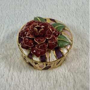 Red Peony Floral Jewelry Trinket Box Austrian Crystal Enamel Royal Gem Hinged‎